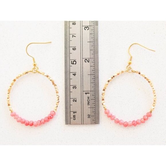 Red Jade Pink Sparkly Gold Beaded Earring Gemstone dangle hoops vacation jewelry - Picture 4 of 10